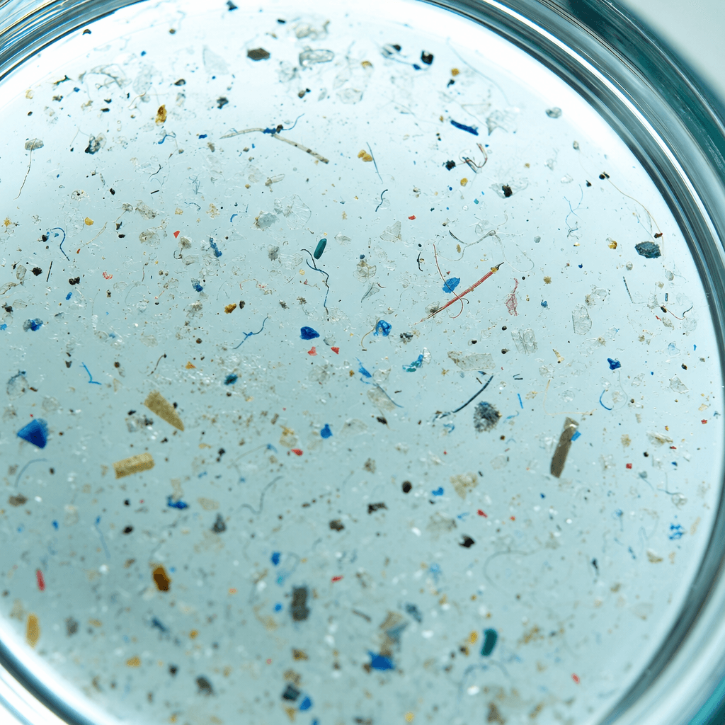 A water sample under the lab’s lens: coloured plastic fragments and fibres, invisible from the tap.