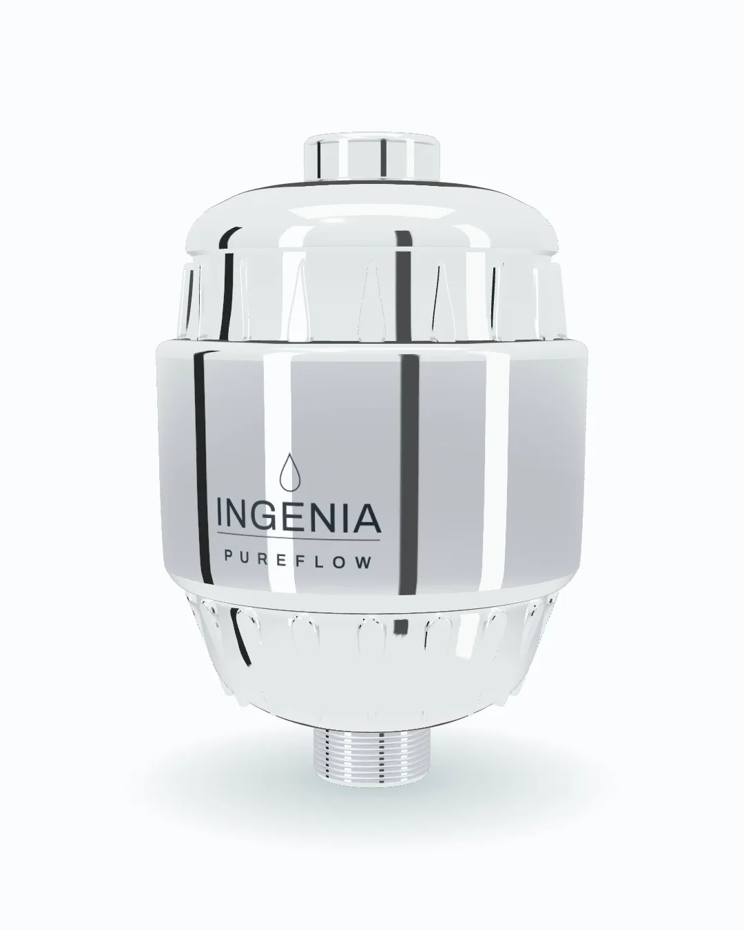 PureFlow chrome shower filter, 3D render traced from the product